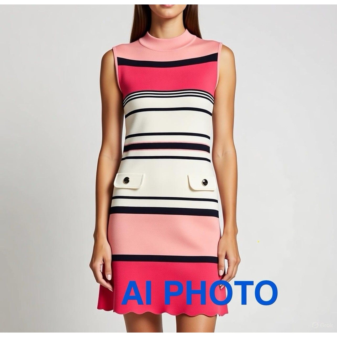 Kay Unger Pink, Cream & Black Striped Sleeveless Mini Dress